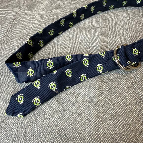 J. Crew Silk Belt Navy Blue Green Anchor Nautical S M Women's D Ring Adjustable - Picture 3 of 6